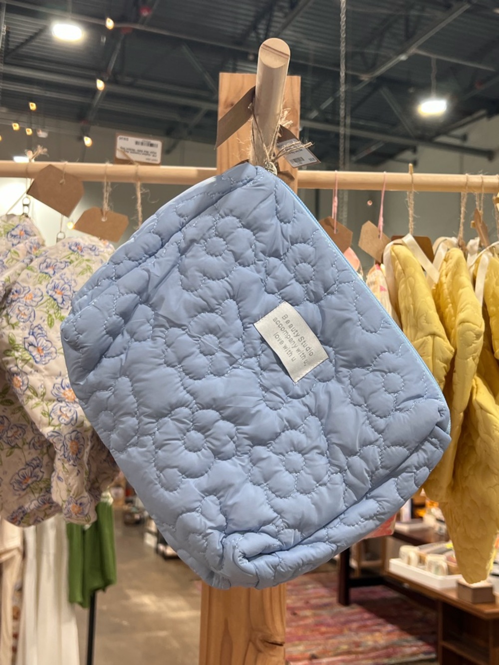 New Boutique Quilted Floral Stitch Light Blue Pouch